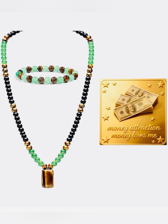 Money Attraction money Love Me Jewelry - #2574**Green and Black Beaded Necklace and Bracelet Set with Gold Accents